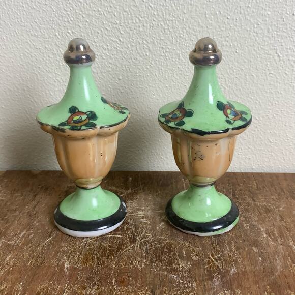 VTG Salt and Pepper Green‎ Orange 1930s Lusterware hand painted Floral Japan - Picture 2 of 9
